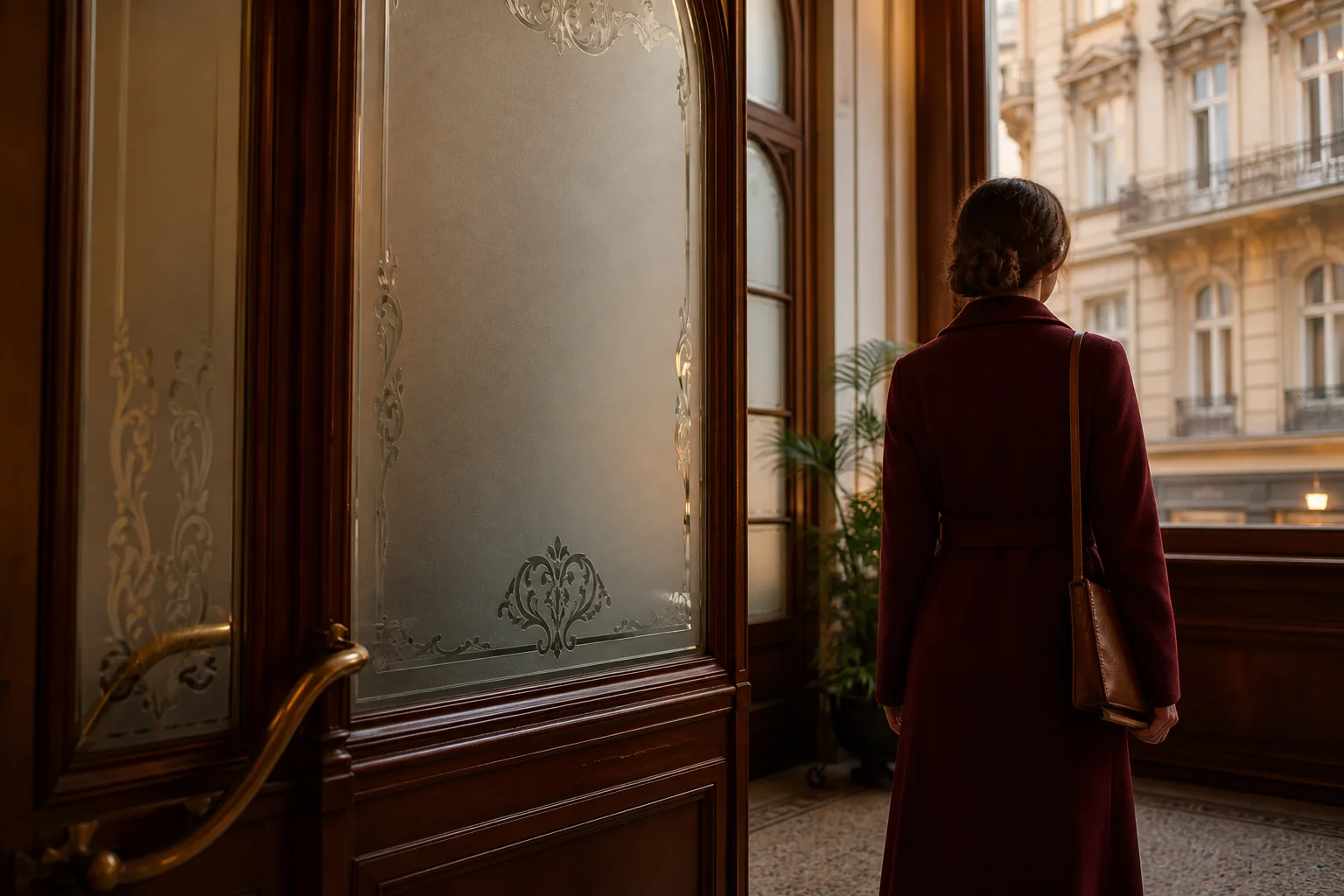 Woman in a burgundy coat at an art-nouveau Prague doorway in the early evening